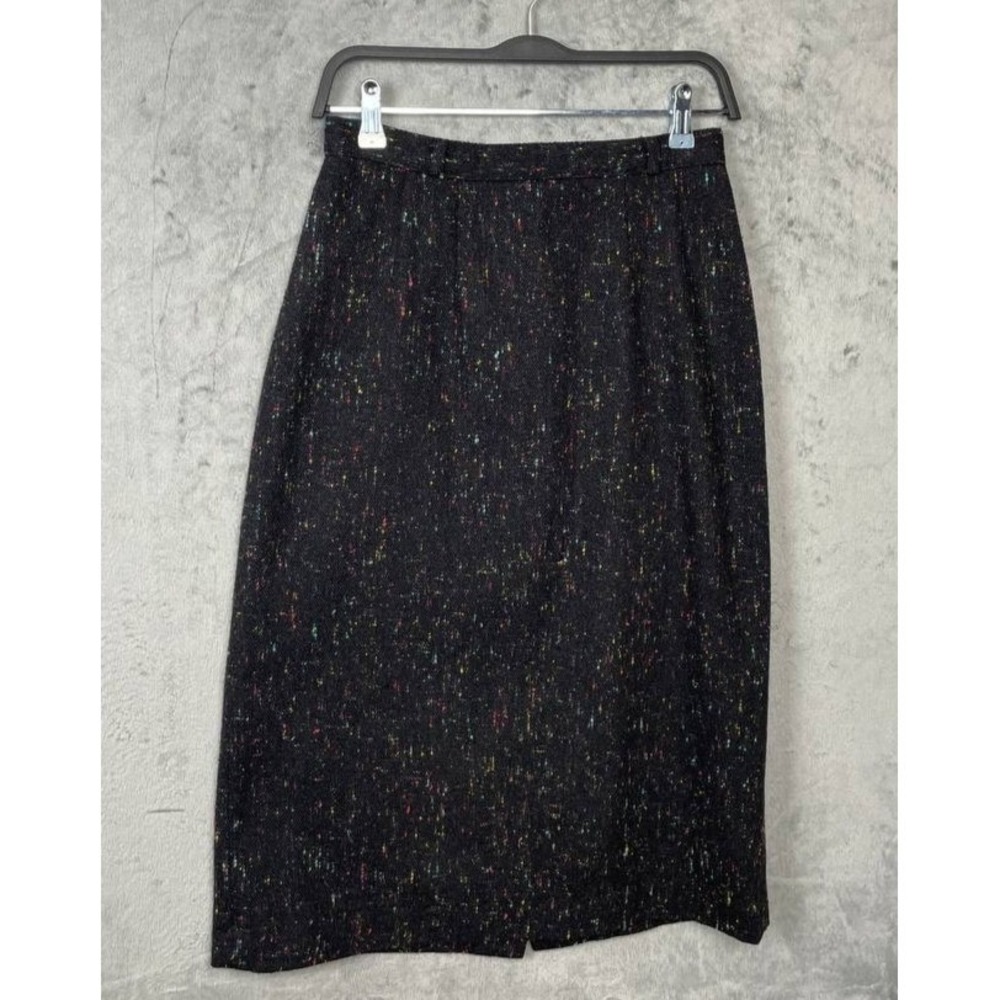 Vintage Wool Tweed Pencil Skirt Midi Black Small Academia Speckled Office Work